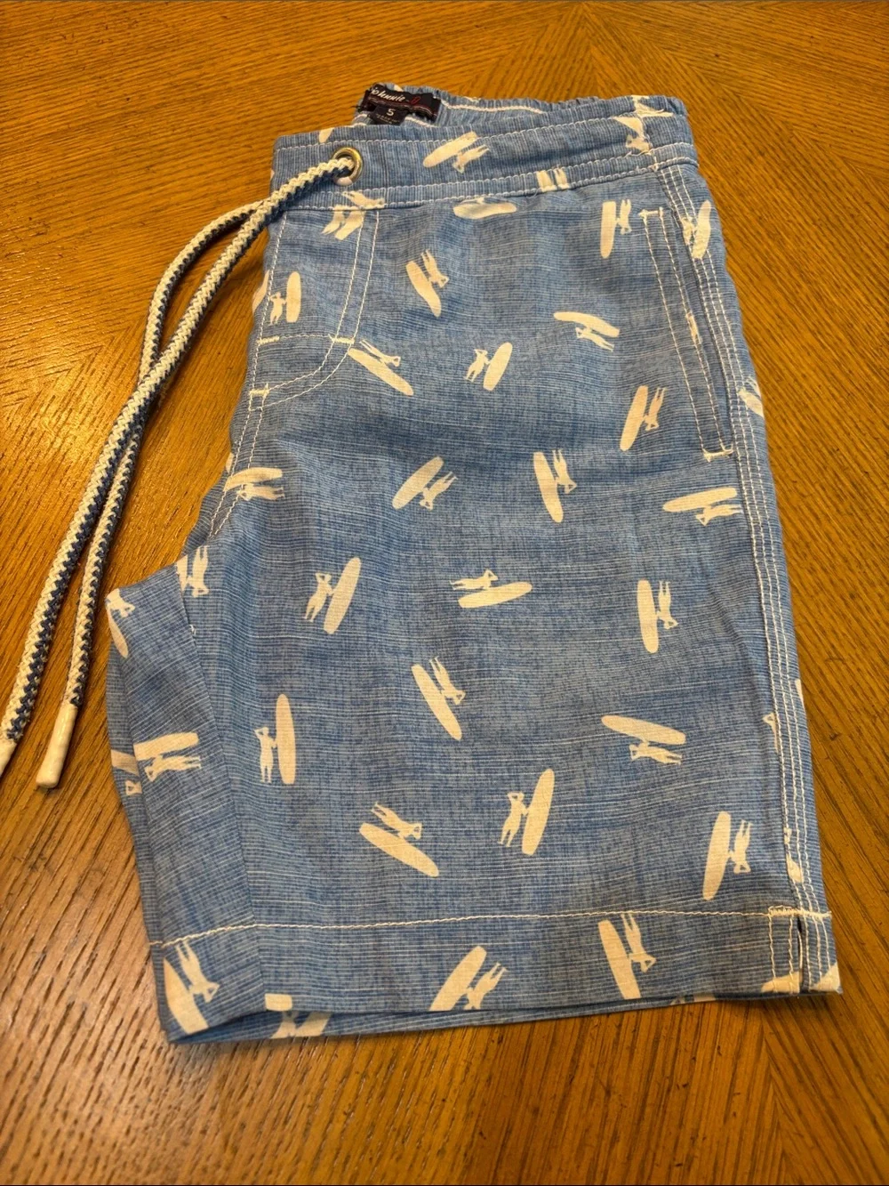 johnnie-O Light Blue Surfboard Print Kids Swim Trunks